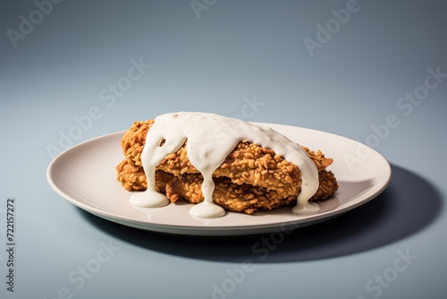 Minimalist composition of a perfectly plated chicken fried steak on a simple background