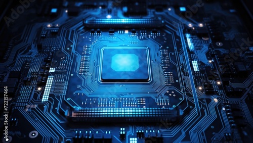 3D rendering quantum processor, quantum computer, Close-up of an electrical circuit board with a CPU, a microchip, and other electronic components. 3d technology Motherboard, futuristic background