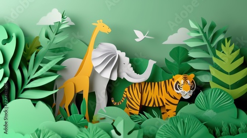 Paper art of elephant  tiger and giraffe in nature