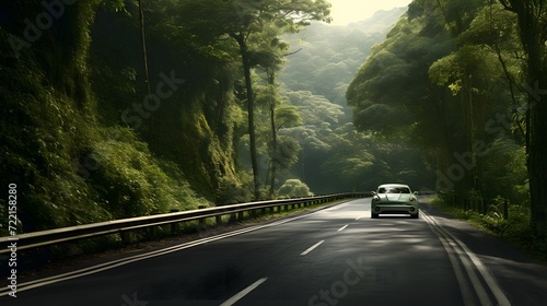 A narrow road in the mountains. two cars heading towards each string to pass on a narrow road. 