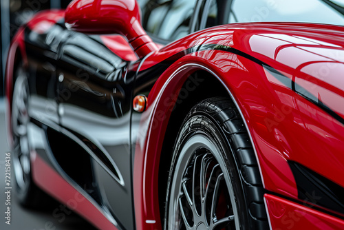Headlights and hood of sport red car with silver stars. headlight of a super car of red color close-up. modern sports car details. car front light. Close-up view © Nataliia_Trushchenko