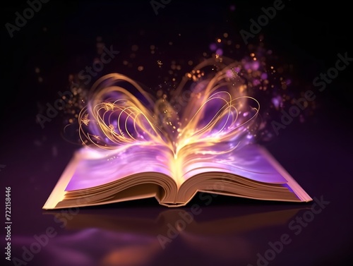 Open book glowing with magic light and sparkles