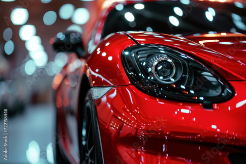 Headlights and hood of sport red car with silver stars. headlight of a super car of red color close-up. modern sports car details. car front light. Close-up view photo