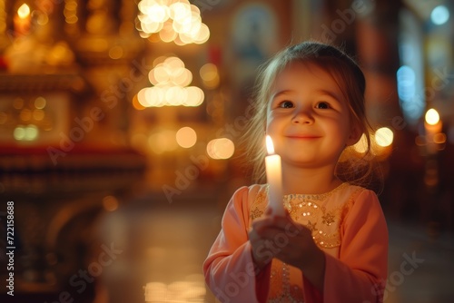 cute smiling little child in girl headscarf holding a candle inside a russian orthodox church