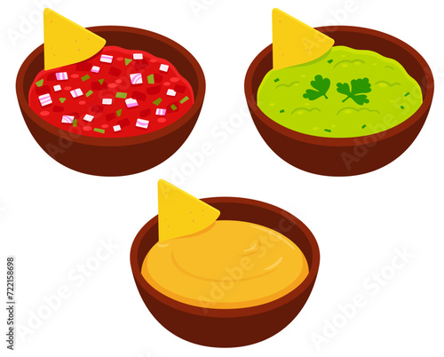 Mexican nachos and dip bowls cartoon drawing set. Tomato salsa, guacamole and cheese sauce. Isolated vector clip art illustration.