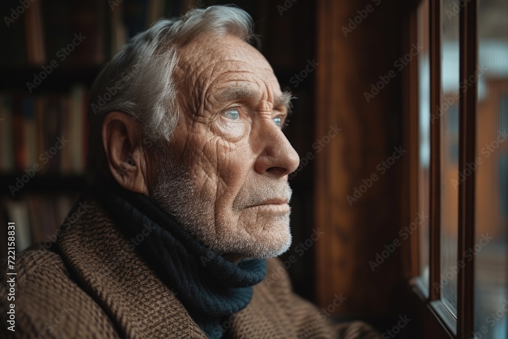 An aging man, wrinkles, thoughtful eyes. A library with books, shabby furniture, dim daylight. Close-up, thoughtful expression, side view An aging man, wrinkles, thoughtful eyes. A library with books, shabby furniture, dim daylight. Close-up, thoughtful expression, side view