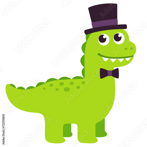 Cute cartoon dinosaur in top hat and bow tie