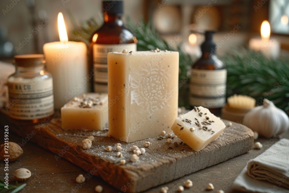 various handmade soaps with natural ingredients, herbs, making organic soap for skin care, spa treatment concept
