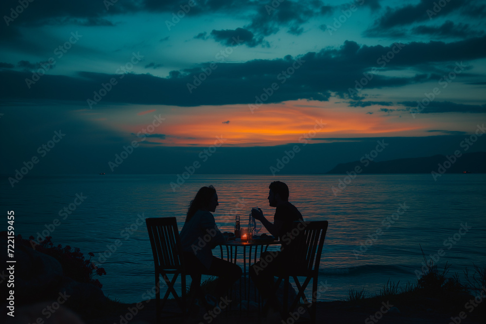 couple sitting on a beach at sunset