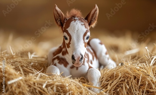 Tableau sur toile A newborn red and white foal lies in a haystack