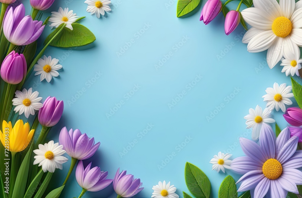 Spring and summer flowers of lilac, white and yellow colors lie around the perimeter of the frame, blue background, banner, top view Spring and summer flowers of lilac, white and yellow colors lie around the perimeter of the frame, blue background, banner, top view