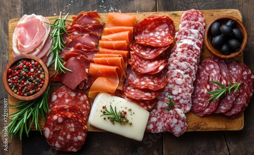 Assortment of cold meats, variety of processed cold meat products. On a wooden background. Top view