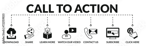 Banner of call to action web vector illustration concept with icons of download, share, learn more, watch our video, contact us, subscribe, click here