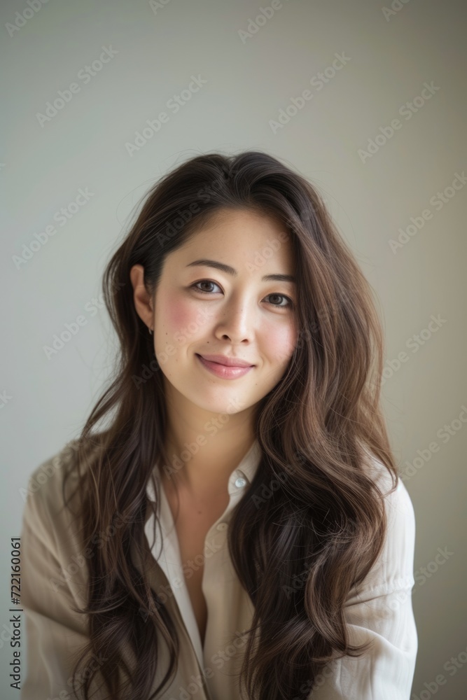 Japanese woman in her 30s with long dark brown hair.
