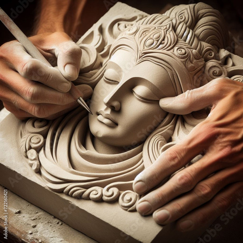 Clouse up das mãos abilidosas de um escultor trabalhando em pedra photo