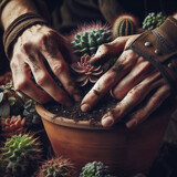 Clouse up das mãos abilidosas de um paisagista jardineiro palntando uma planta rara