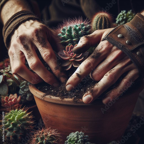 Clouse up das mãos abilidosas de um paisagista jardineiro palntando uma planta rara photo