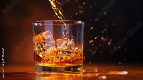 Whiskey Pouring into Glass with Ice on Warm Amber Backdrop