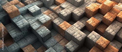 Cubes of earth, stone, and sand in the style of Minecraft. Abstract background or screensaver for a 34-inch widescreen monitor. AI generative.