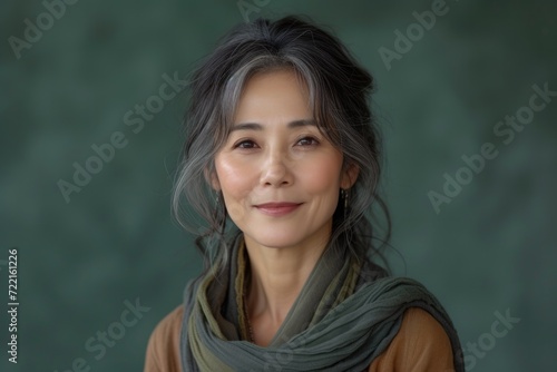 smiling mature japanese woman on emerald color background photo