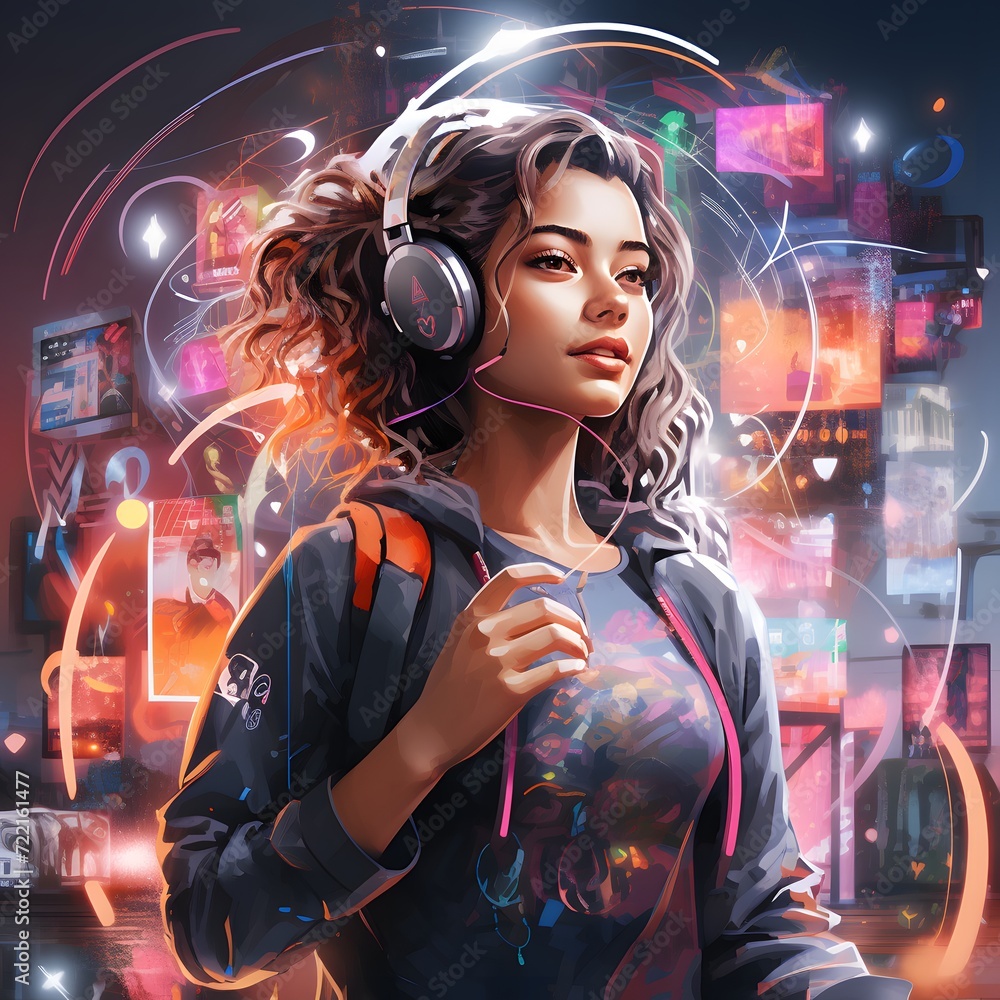 Fototapeta premium girl as a central figure, surrounded by symbols of technological progress and innovation