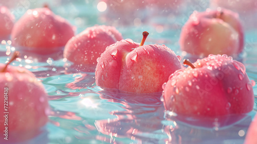 Pink Peach fruit in water with drops of water on a pink background