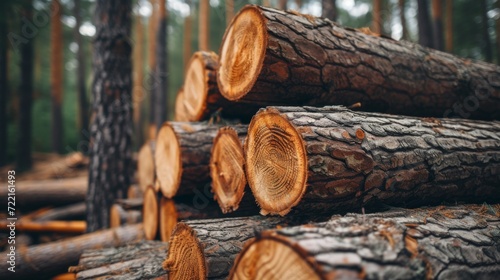 Forest pine and spruce trees. Log trunks pile, the logging timber wood industry. Wide banner or panorama wooden trunks.