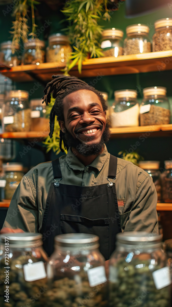Marijuana Dispensary Store Clerk Salesman. African American Man. Posing in Front of Weed Jars. Smiling Happy and Inviting. Concept of Bud Tender, Customer Service, Interior Store, Jars. Cannabis.