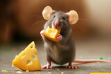 mouse and cheese. Little mouse. A hungry little mouse holds a piece of cheese in its paws. A cute little mouse eats a piece of cheese holding it with its paws. frightened mouse or hamster holds cheese