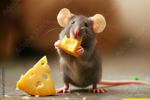mouse and cheese. Little mouse. A hungry little mouse holds a piece of cheese in its paws. A cute little mouse eats a piece of cheese holding it with its paws. frightened mouse or hamster holds cheese photo