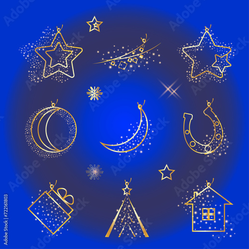 Merry Christmas and Happy New Year. Gold decorative jewelry. Золотые декоративные украшения на Новый год.