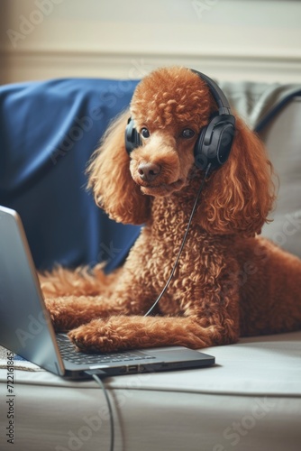  poodle working from home on a laptop wearing headphones