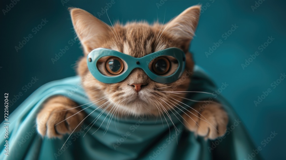 Superhero cat, a cute kitten in a blue cloak and mask flies on a blue background with copy space. Concept of superhero, super cat, leader, funny animal shot in studio. Superhero cat, a cute kitten in a blue cloak and mask flies on a blue background with copy space. Concept of superhero, super cat, leader, funny animal shot in studio.