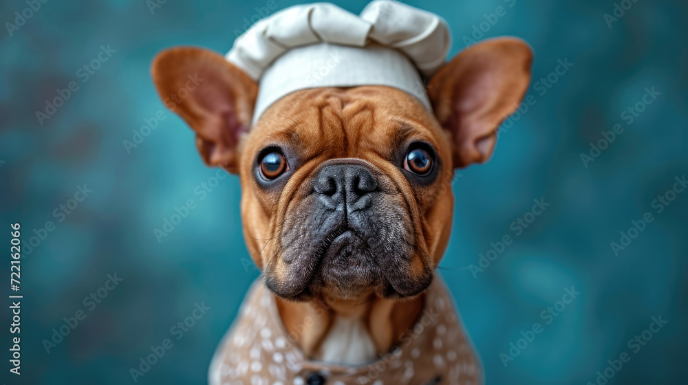 english bulldog wearing a cap. the dog in Chef costume 