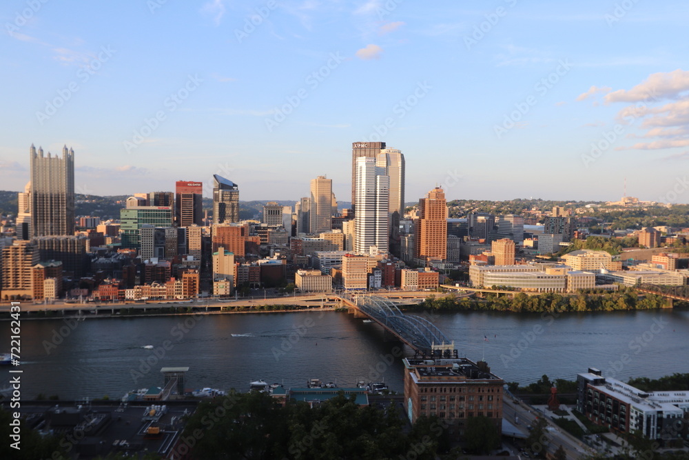Panoramic view of downtown and river. Architecture of Downtown Pittsburgh. Southwest Pennsylvania at the confluence of the Allegheny River and the Monongahela River, the Ohio River.
Panoramic view of downtown and river. Architecture of Downtown Pittsburgh. Southwest Pennsylvania at the confluence of the Allegheny River and the Monongahela River, the Ohio River.