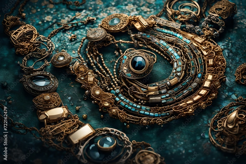 An artful composition showcasing a variety of necklace designs, the high-definition camera capturing their unique shapes and luxurious details in vivid An artful composition showcasing a variety of necklace designs, the high-definition camera capturing their unique shapes and luxurious details in vivid