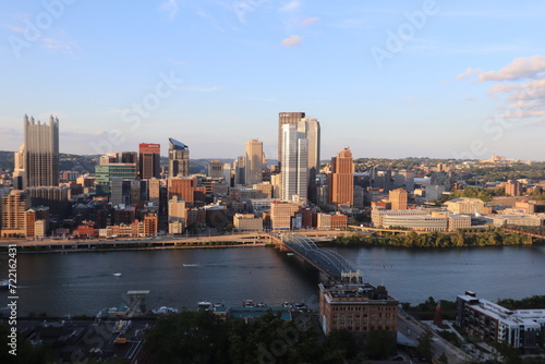 Panoramic view of downtown and river. Architecture of Downtown Pittsburgh. Southwest Pennsylvania at the confluence of the Allegheny River and the Monongahela River  the Ohio River. 
