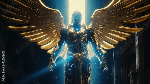 angel in golden armor, neon blue wings, wrapped in beam of light, shooting rays from hands, 8 k, h d r, u h d --ar 16:9