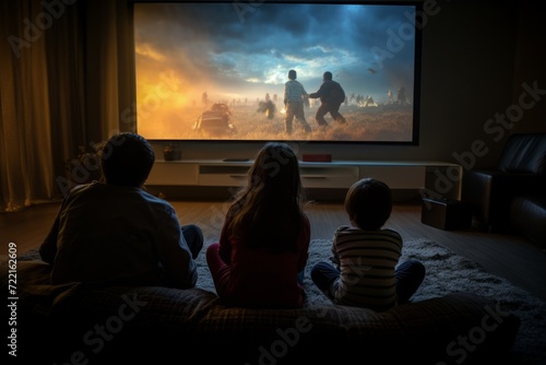 a family with children watches a video on a large home theater. Family leisure photo