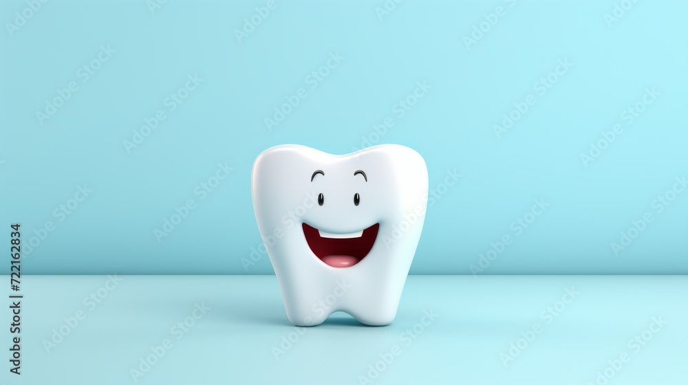 3D image of a smiling tooth on a light blue background, space for text. Background for dental themes 3D image of a smiling tooth on a light blue background, space for text. Background for dental themes