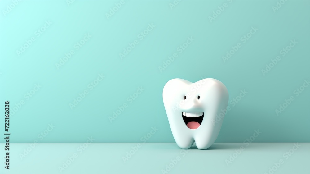 3D image of a smiling tooth on a turquoise background, space for text. Background for dental themes 3D image of a smiling tooth on a turquoise background, space for text. Background for dental themes