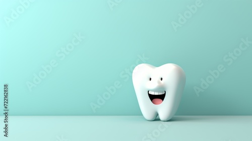 3D image of a smiling tooth on a turquoise background, space for text. Background for dental themes