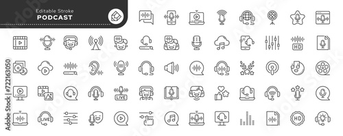 Set of line icons in linear style. Series - Podcast. Broadcasting, sound, microphone. Sound and video files. Outline icon collection. Pictogram and infographic. Editable stroke.