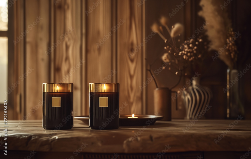 Burning candles on wooden table in cozy room. Interior design 
