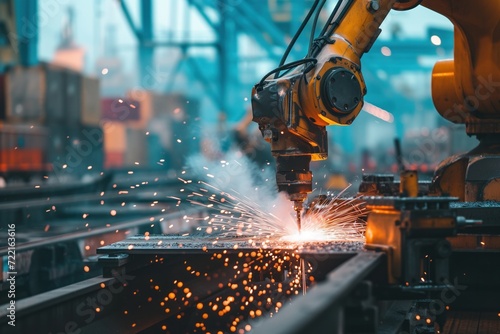 a robotic arm welding in steel factory.