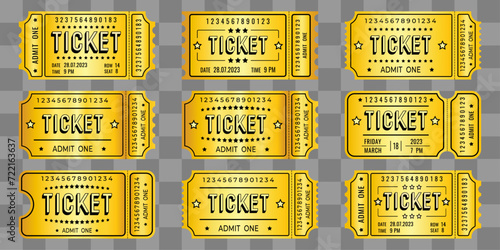 Set of golden admit one tickets, vector, template for cinema, film, exhibition, club. photo