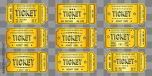 Set of golden admit one tickets, vector, template for cinema, film, exhibition, club.