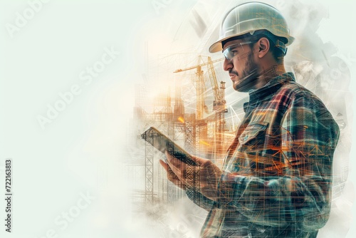 double exposure, engineer man with tablet and site construction background. 