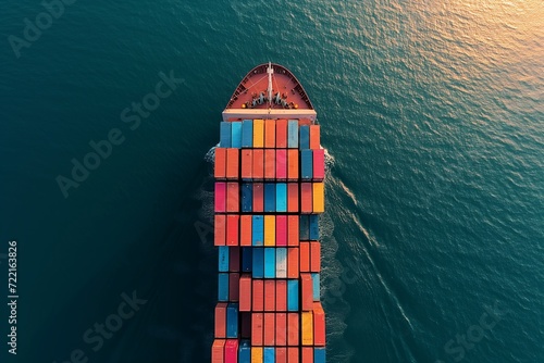 drone shot of containers on a ship. transportation by sea. 