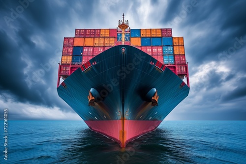 ocean shipment, striking front view of a container ship with dark cloud as background. transportation by sea. 